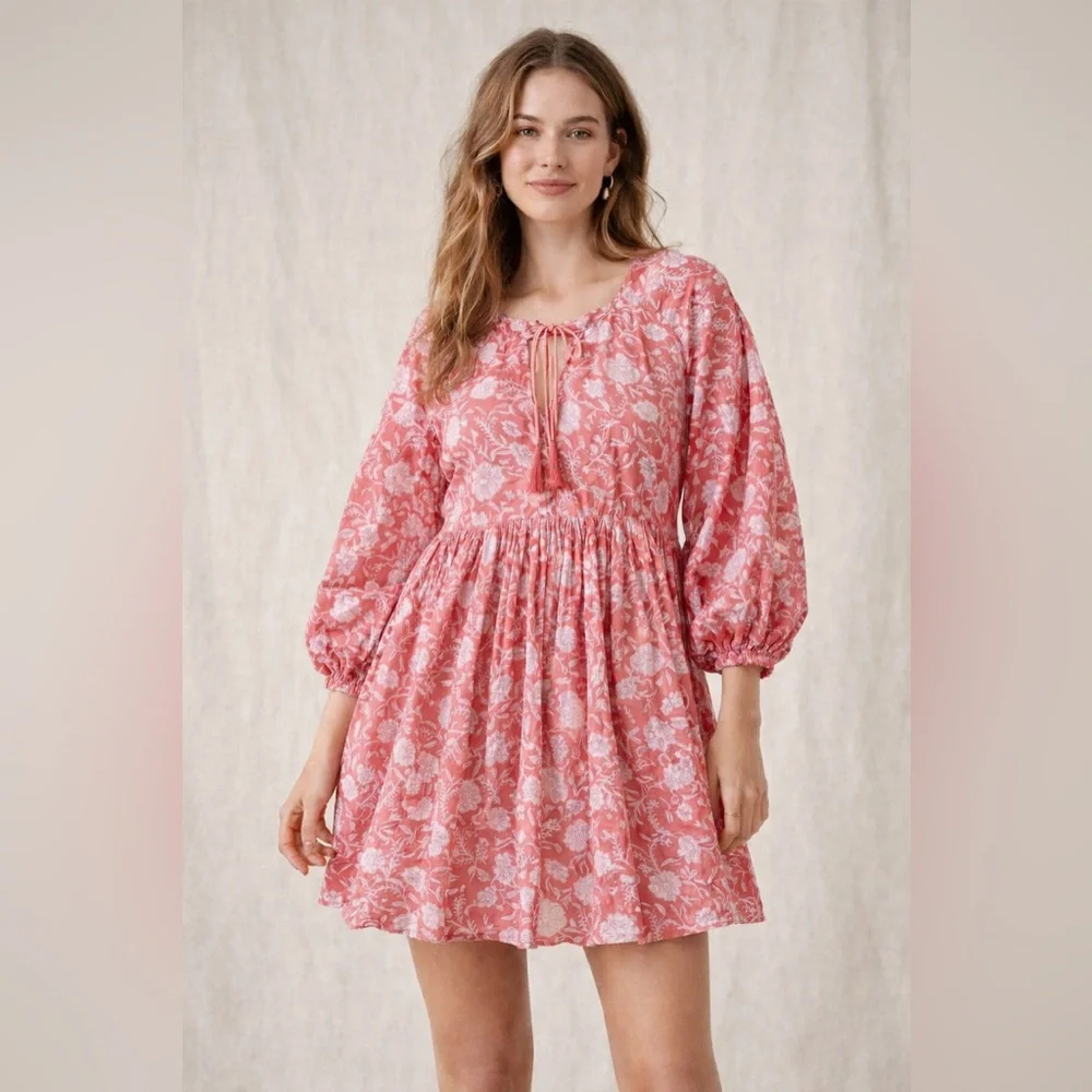 Dolma Raya Floral Mini Dress Small Pink Boho Tassel Tie Peasant Tunic - Picture 1 of 12